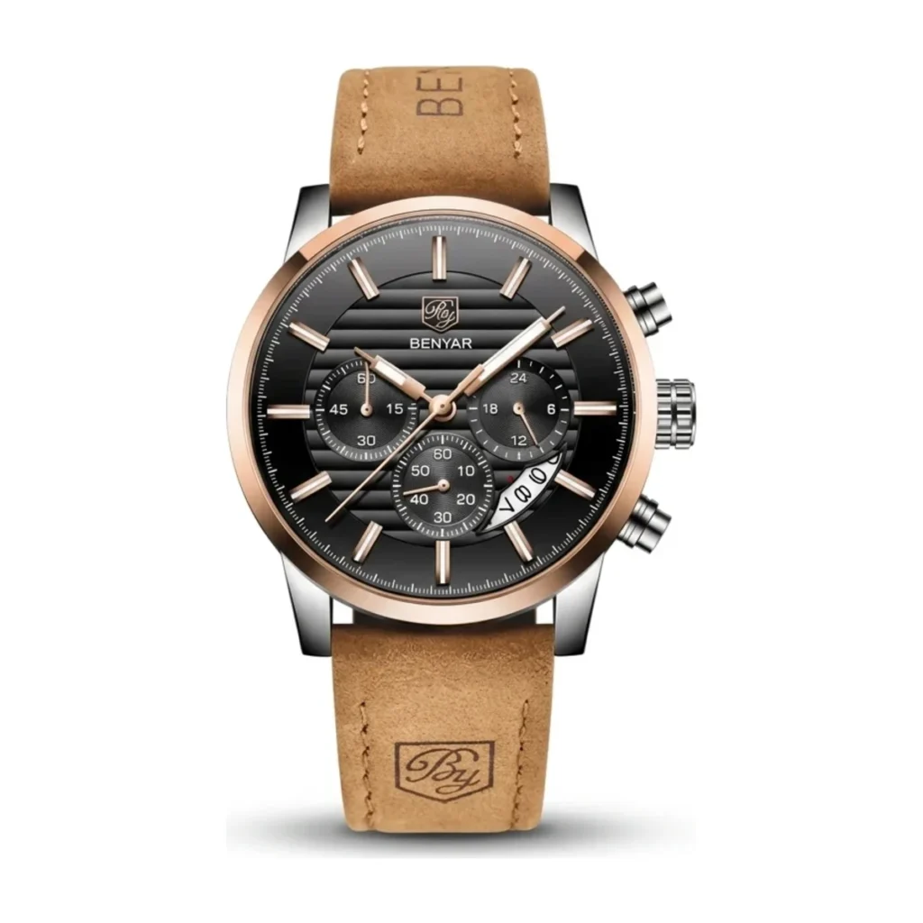 Montre Homme BENYAR 5104 Chronographe – Cadran Noir, Or Rose, Cuir Camel