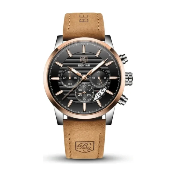 Montre Homme BENYAR 5104 Chronographe – Cadran Noir, Or Rose, Cuir Camel