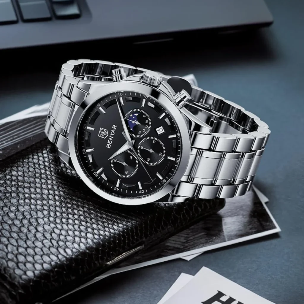 Montre Homme BENYAR 51060 Chronographe – Cadran Noir, Bracelet Acier Argenté