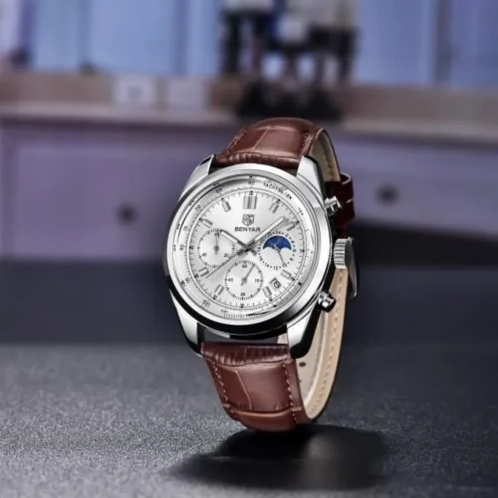 Montre Homme BENYAR 51093 – Cadran Blanc, Boîtier Argenté, Cuir Marron