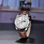 Montre Homme BENYAR 51093 – Cadran Blanc, Boîtier Argenté, Cuir Marron