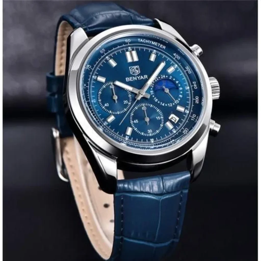 Montre Homme BENYAR 51093 – Cadran Bleu, Boîtier Argenté, Cuir Bleu