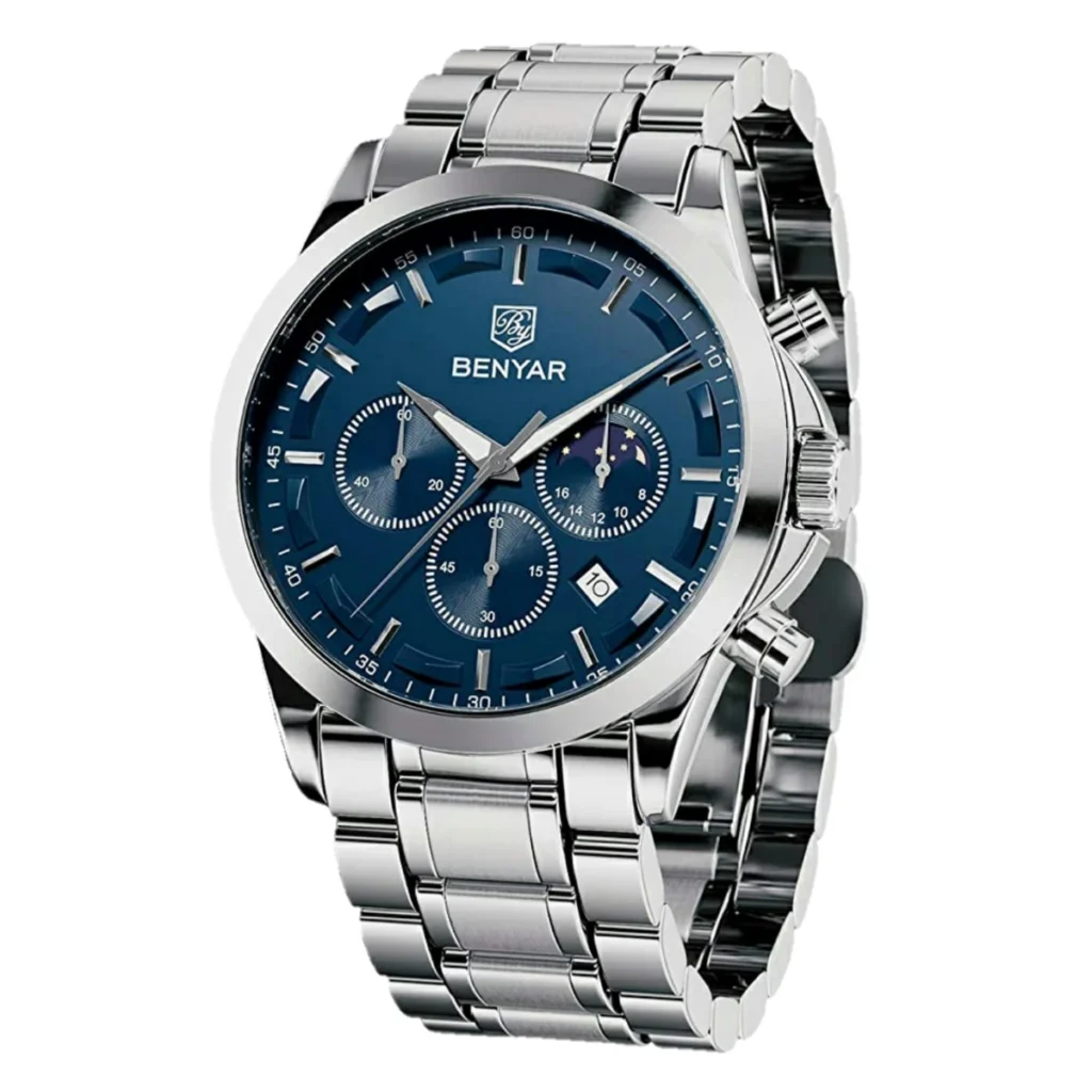 Montre Homme BENYAR 5160 Chronographe – Cadran Bleu, Acier Argenté