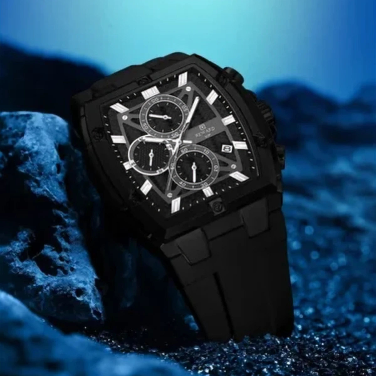 rewak-hd-6906 Montre Homme REWARD 832261 Chronographe – Boîtier Tonneau Tout Noir, Bracelet Silicone