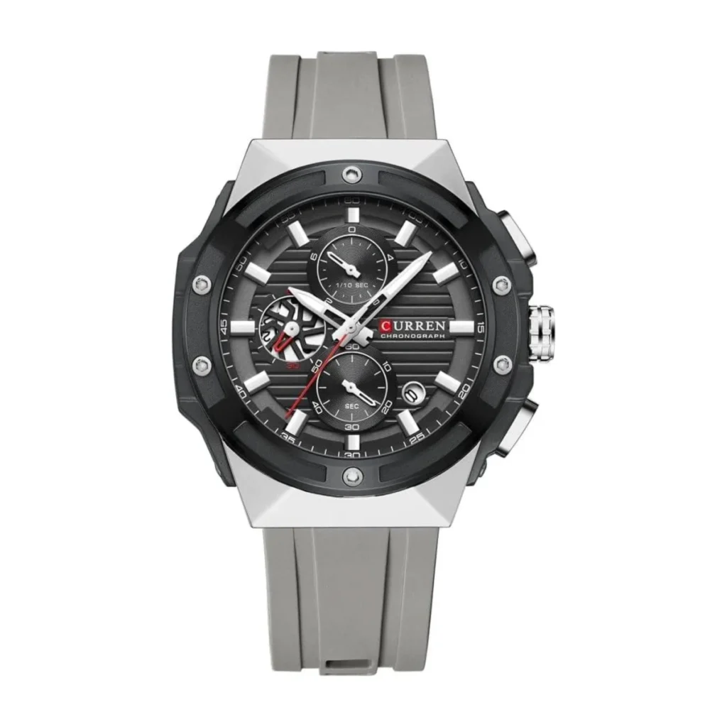 Montre Homme CURREN 8462 Chronographe – Cadran Noir, Bracelet Silicone Gris