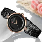 Montre Femme CURREN 9052 – Cadran Noir, Lunette Or Rose, Bracelet Bijou Noir