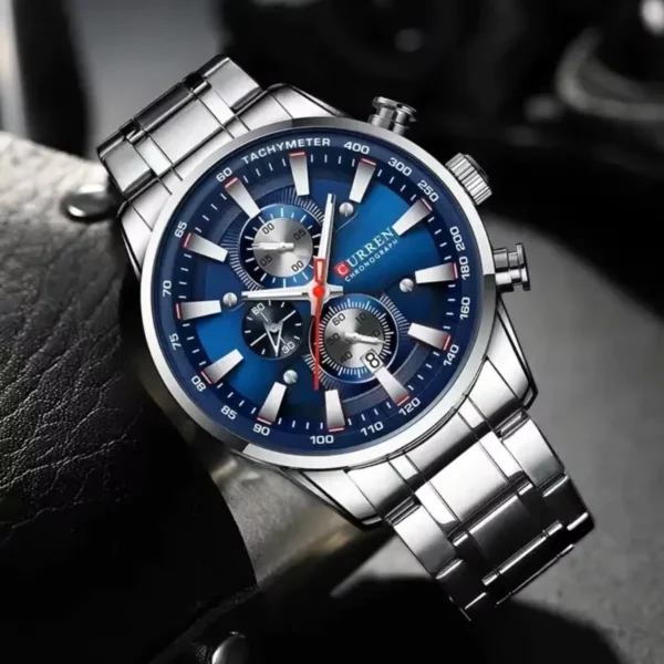 Montre Homme CURREN 8351 Chronographe – Cadran Bleu Roi, Bracelet Acier Argenté