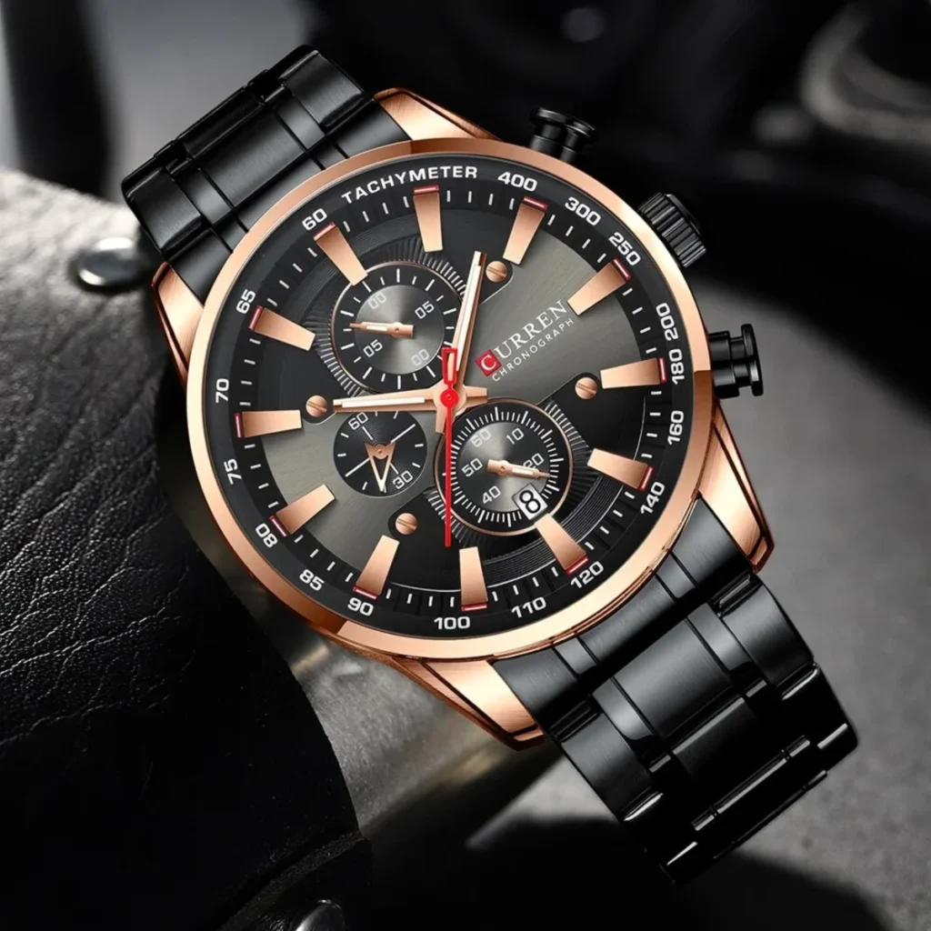 Montre Homme CURREN 8351 Chronographe – Noir et Or Rose, Bracelet Acier Noir