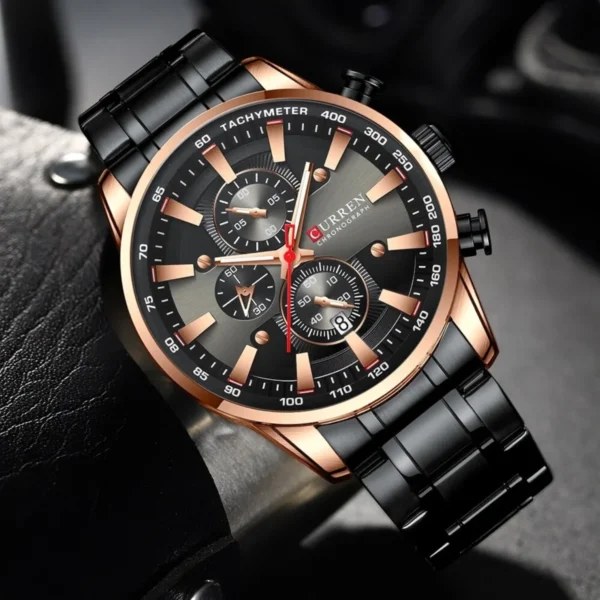 Montre Homme CURREN 8351 Chronographe – Noir et Or Rose, Bracelet Acier Noir