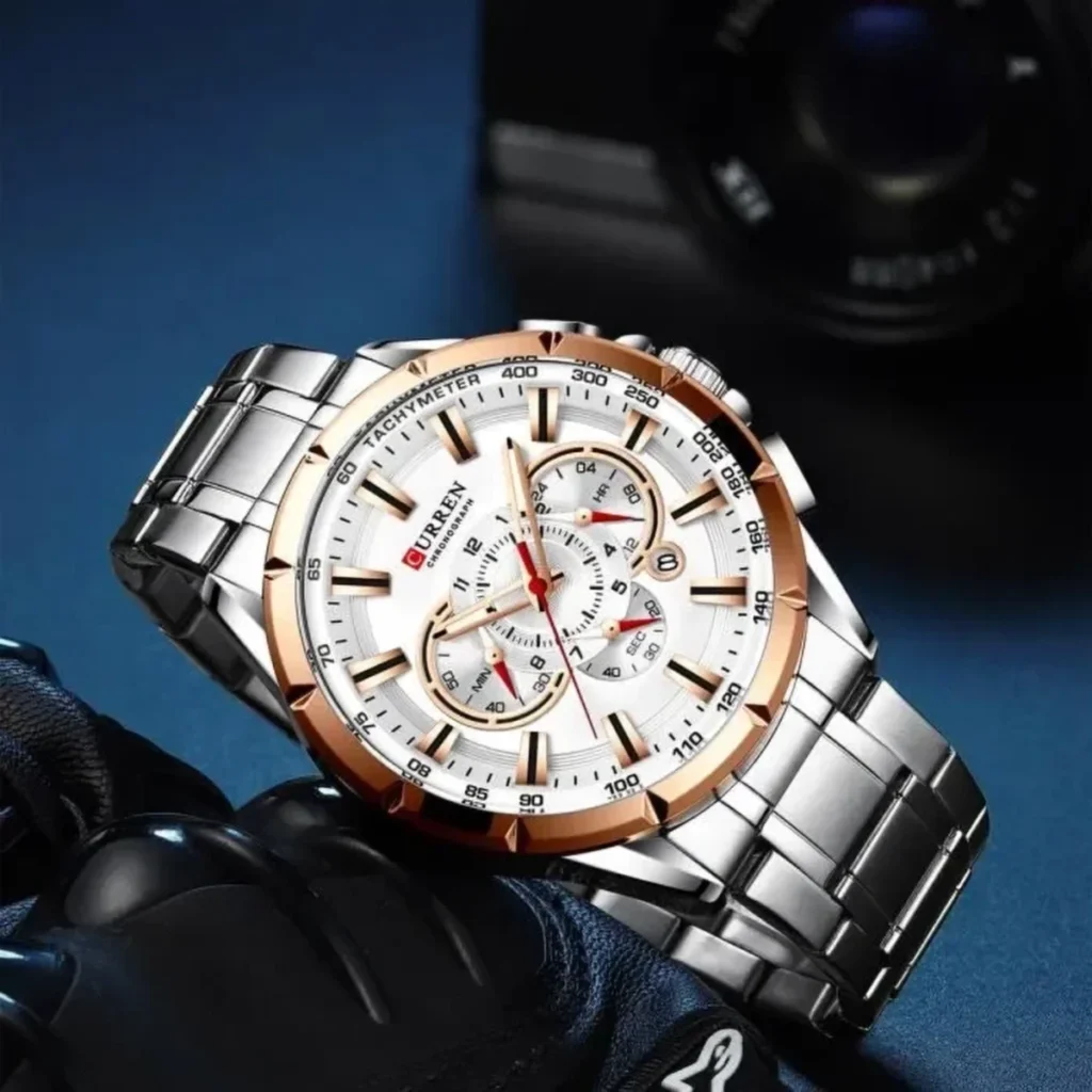 Montre Homme CURREN 8363 Chronographe 48 mm – Cadran Blanc, Lunette Or Rose