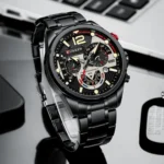 Montre Homme CURREN 8395 Chronographe – Tout Noir avec Touches Rouges, Bracelet Acier