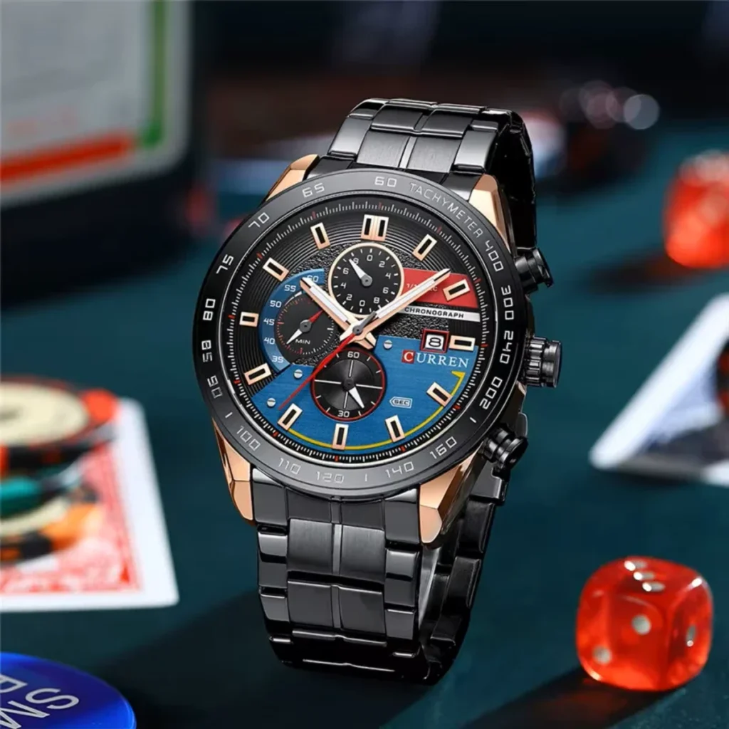 Montre Homme CURREN 8410 Chronographe 48 mm – Cadran Noir Bleu Rouge, Flancs Or Rose