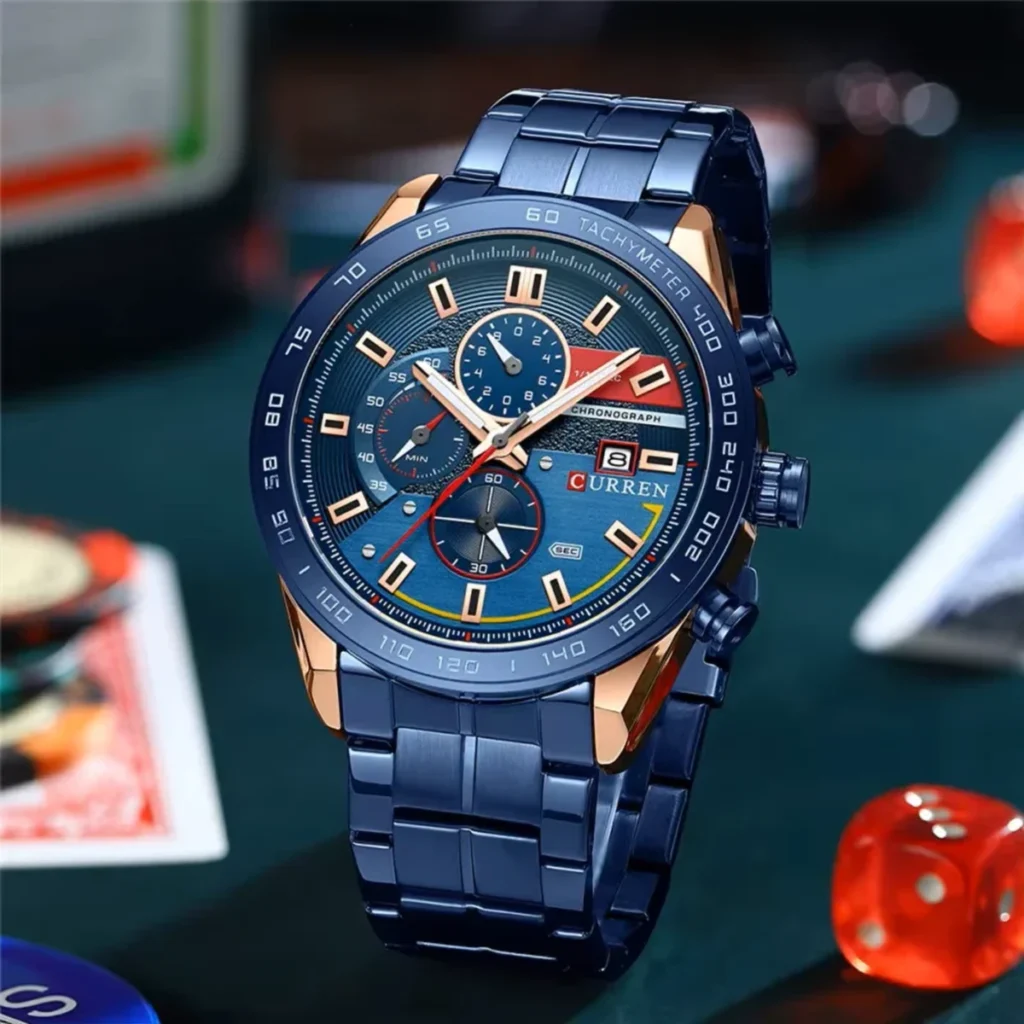 Montre Homme CURREN 8410 Chronographe 48 mm – Tout Bleu et Or Rose