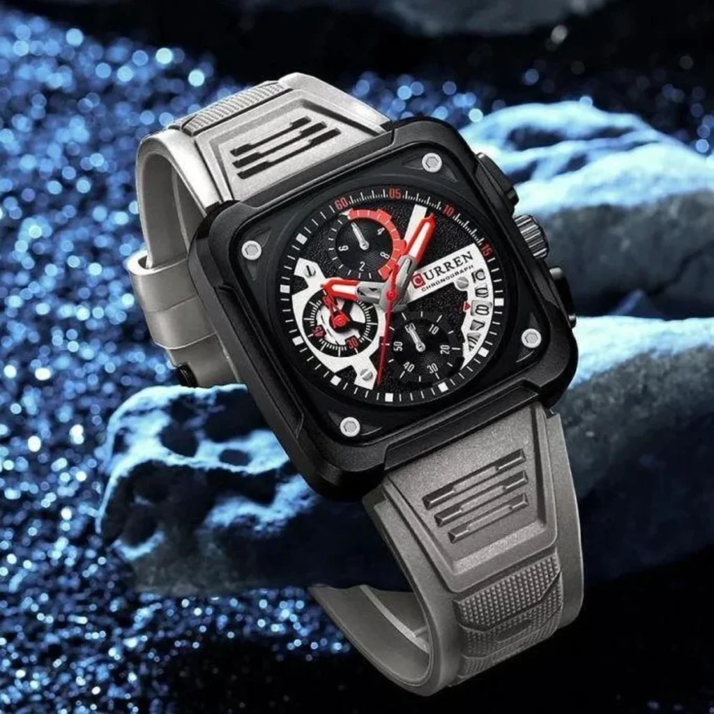 Montre Homme CURREN 8461 – Boîtier Carré Noir, Bracelet Silicone Gris