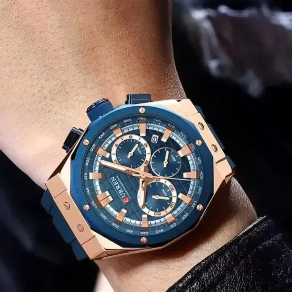 Montre Homme CURREN 8464 Chronographe – Cadran Bleu, Boîtier Or Rose, Bracelet Silicone