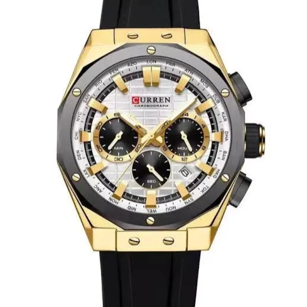 Montre Homme CURREN 8464 Chronographe – Boîtier Doré, Lunette Noire, Bracelet Silicone Noir