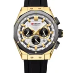 Montre Homme CURREN 8464 Chronographe – Boîtier Doré, Lunette Noire, Bracelet Silicone Noir