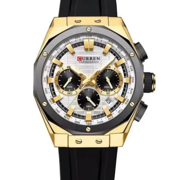 Montre Homme CURREN 8464 Chronographe – Boîtier Doré, Lunette Noire, Bracelet Silicone Noir