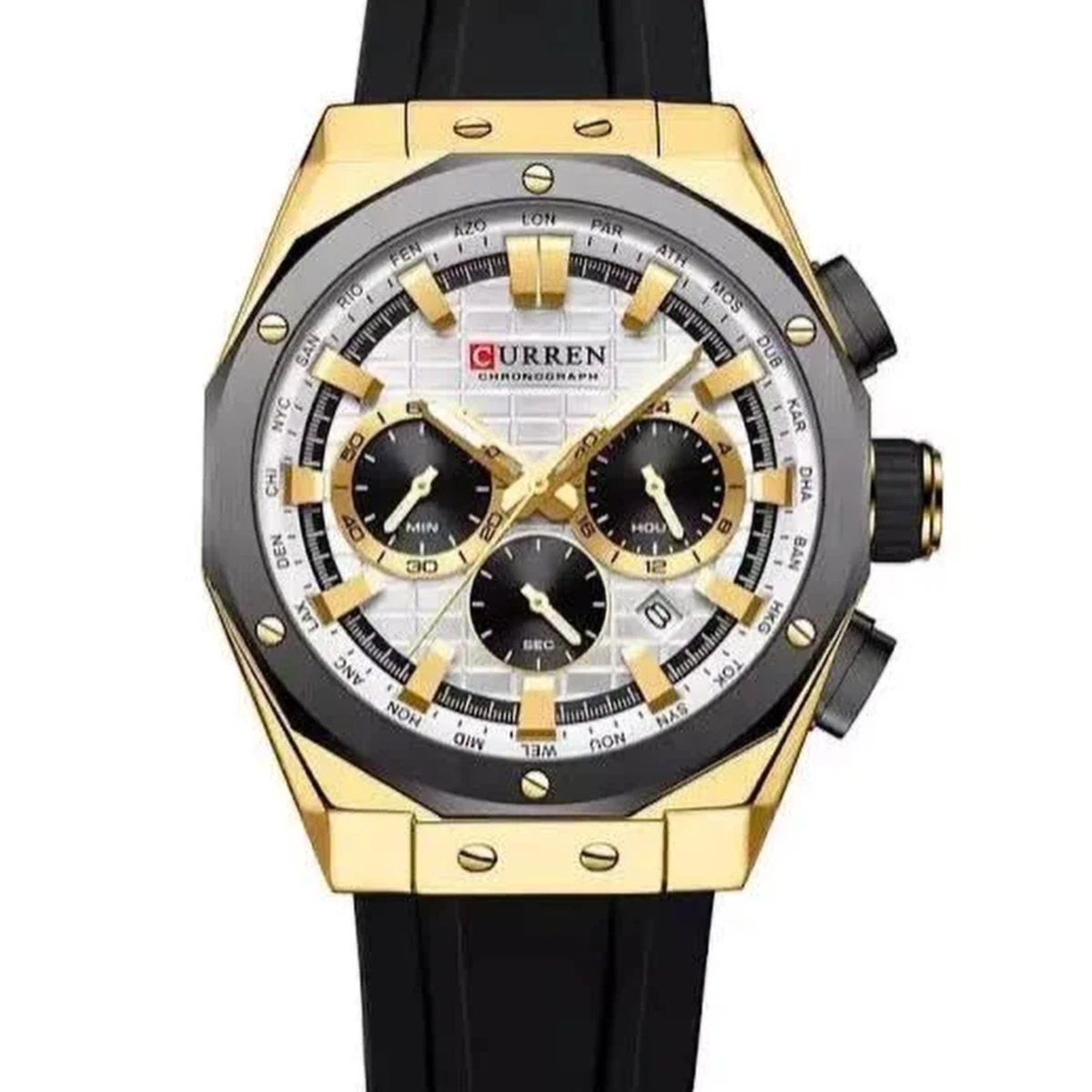 rewak-hd-7005 Montre Homme CURREN 8464 Chronographe – Boîtier Doré, Lunette Noire, Bracelet Silicone Noir