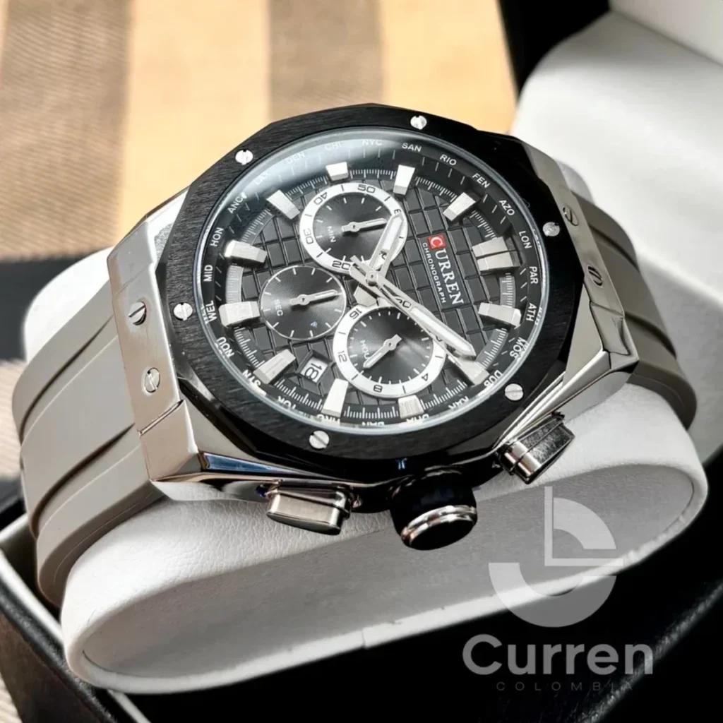 Montre Homme CURREN 8464 Chronographe – Cadran Noir, Bracelet Silicone Gris