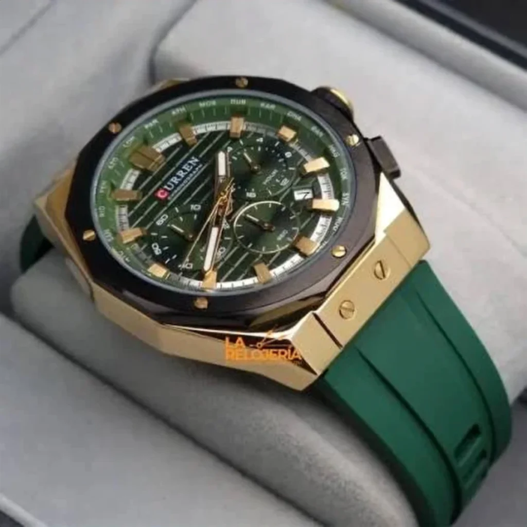 Montre Homme CURREN 8464 Chronographe – Cadran Vert, Boîtier Doré, Bracelet Silicone Vert