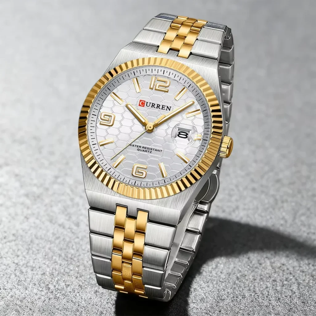 Montre Homme CURREN 8498 – Bicolore Or et Argent, Lunette Cannelée Dorée