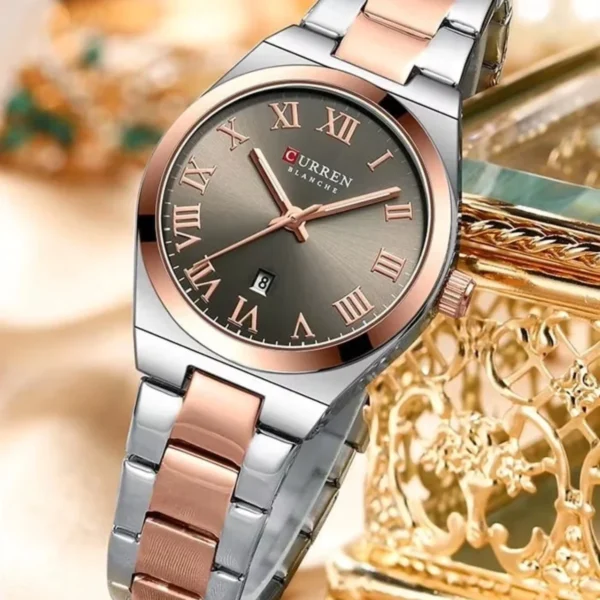 Montre Femme CURREN 9095 – Cadran Gris Taupe, Bicolore Or Rose et Argent