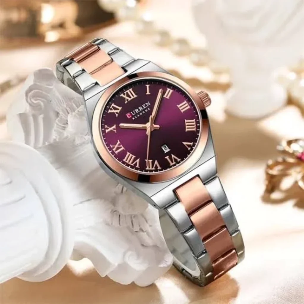 Montre Femme CURREN 9095 – Cadran Violet Prune, Bicolore Or Rose et Argent