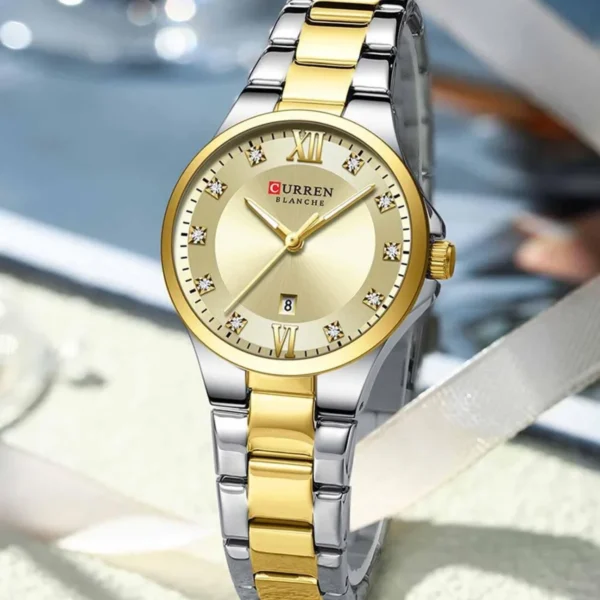 Montre Femme CURREN 9107 – Cadran Doré Soleillé, Bracelet Bicolore Or et Argent