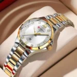 Montre Femme CURREN 9107 – Cadran Blanc, Lunette Dorée, Bracelet Bicolore Or et Argent