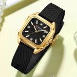 Montre Femme CURREN 9113 – Cadran Carré Noir et Doré, Bracelet Silicone Noir