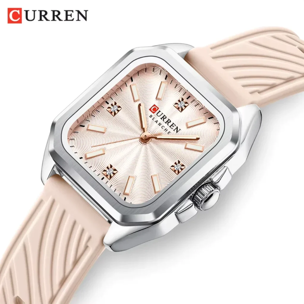 Montre Femme CURREN 9113 – Boîtier Carré Argenté, Bracelet Silicone Rose Nude