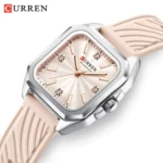 Montre Femme CURREN 9113 – Boîtier Carré Argenté, Bracelet Silicone Rose Nude