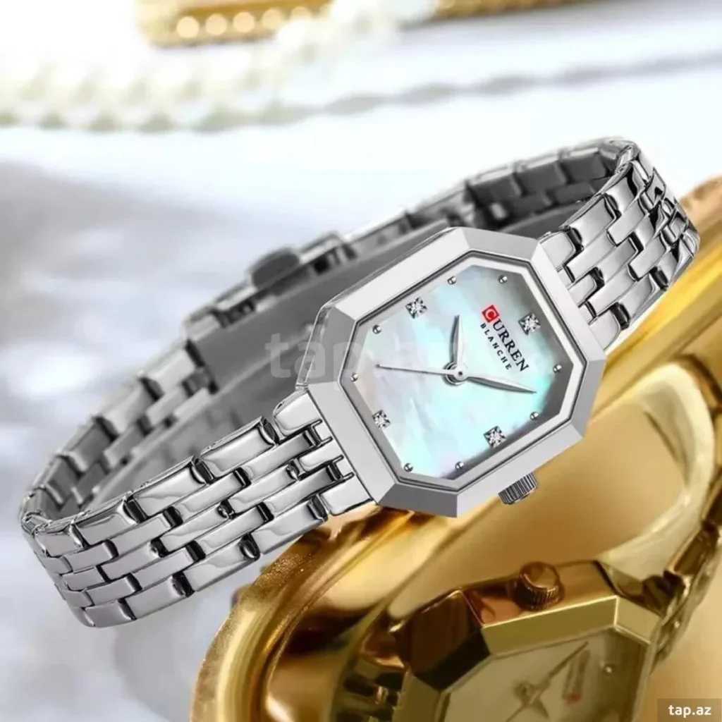 Montre Femme CURREN 9108 – Boîtier Octogonal Argenté, Cadran Vert d'Eau