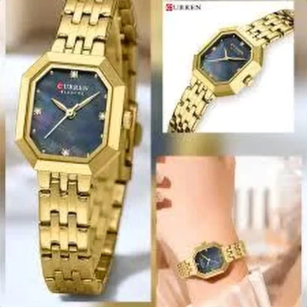 Montre Femme CURREN 9108 – Boîtier Octogonal Doré, Cadran Bleu Nuit