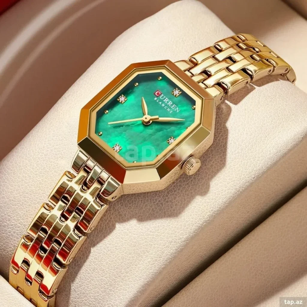 Montre Femme CURREN 9108 – Boîtier Octogonal Doré, Cadran Vert Émeraude