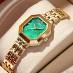 Montre Femme CURREN 9108 – Boîtier Octogonal Doré, Cadran Vert Émeraude