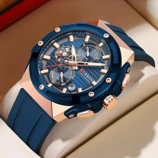 Montre Homme CURREN 8462 Chronographe – Cadran Bleu, Boîtier Or Rose, Silicone Bleu