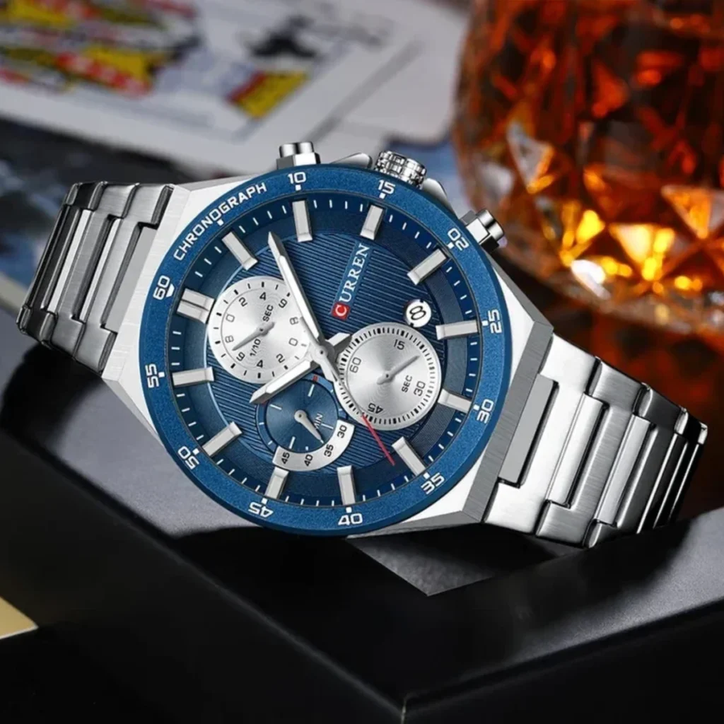 Montre Homme CURREN 8481 Chronographe – Cadran Bleu, Bracelet Acier Argenté