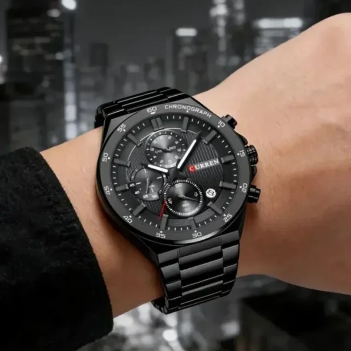 rewak-hd-7125 Montre Homme CURREN 8481 Chronographe – Tout Noir, Bracelet Acier Noir