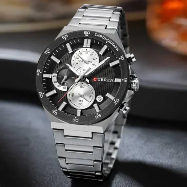 Montre Homme CURREN 8481 Chronographe – Cadran Noir, Bracelet Acier Argenté