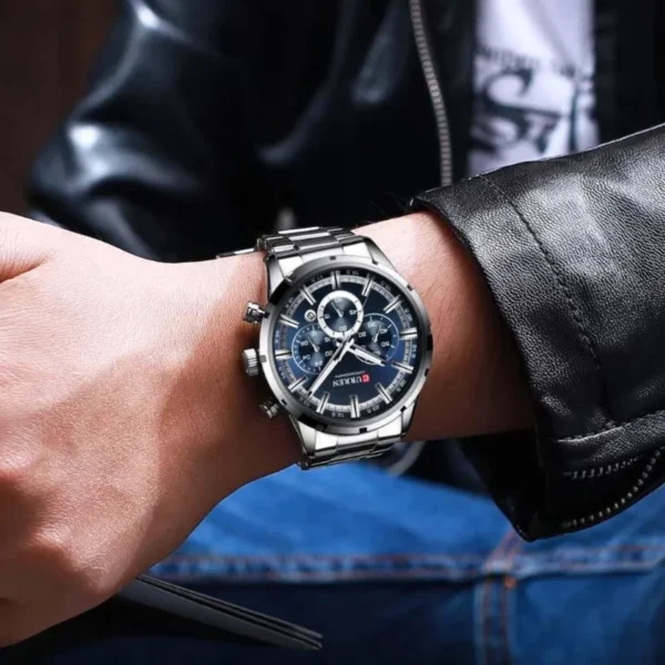 Montre Homme CURREN 8355 – Cadran Bleu à Trois Compteurs, Bracelet Acier