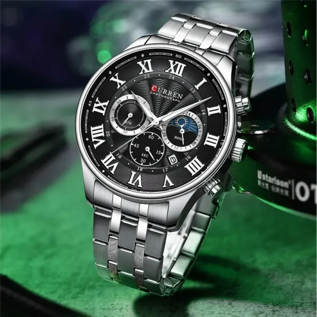 Montre Homme CURREN 8427 – Cadran Noir, Chiffres Romains, Bracelet Acier