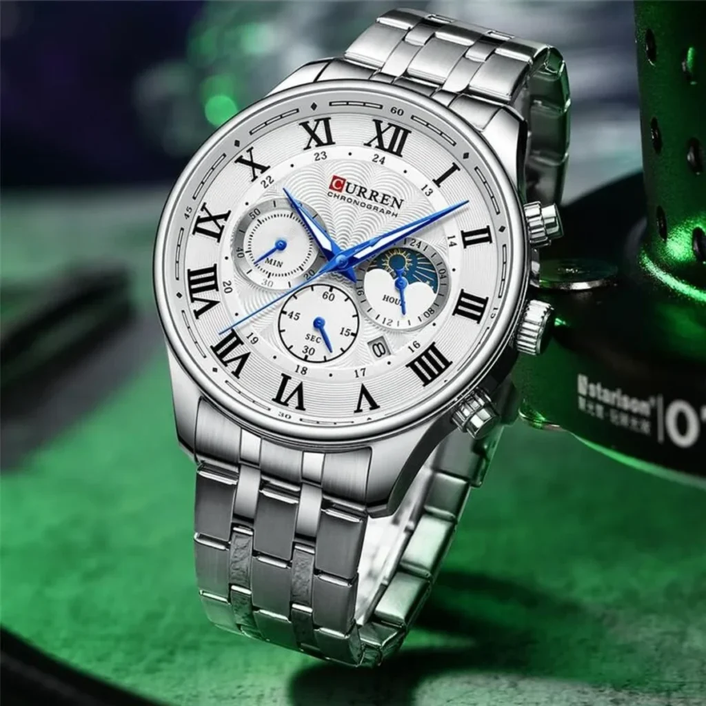 Montre Homme CURREN 8427 – Cadran Blanc, Aiguilles Bleues, Bracelet Acier