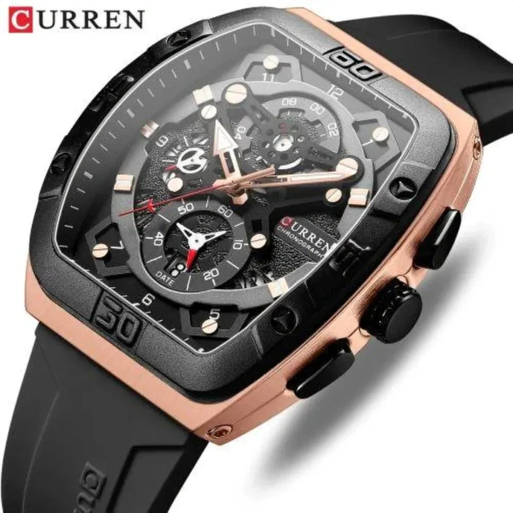 Montre Homme CURREN 8443 – Boîtier Tonneau Or Rose, Bracelet Silicone Noir