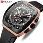Montre Homme CURREN 8443 – Boîtier Tonneau Or Rose, Bracelet Silicone Noir