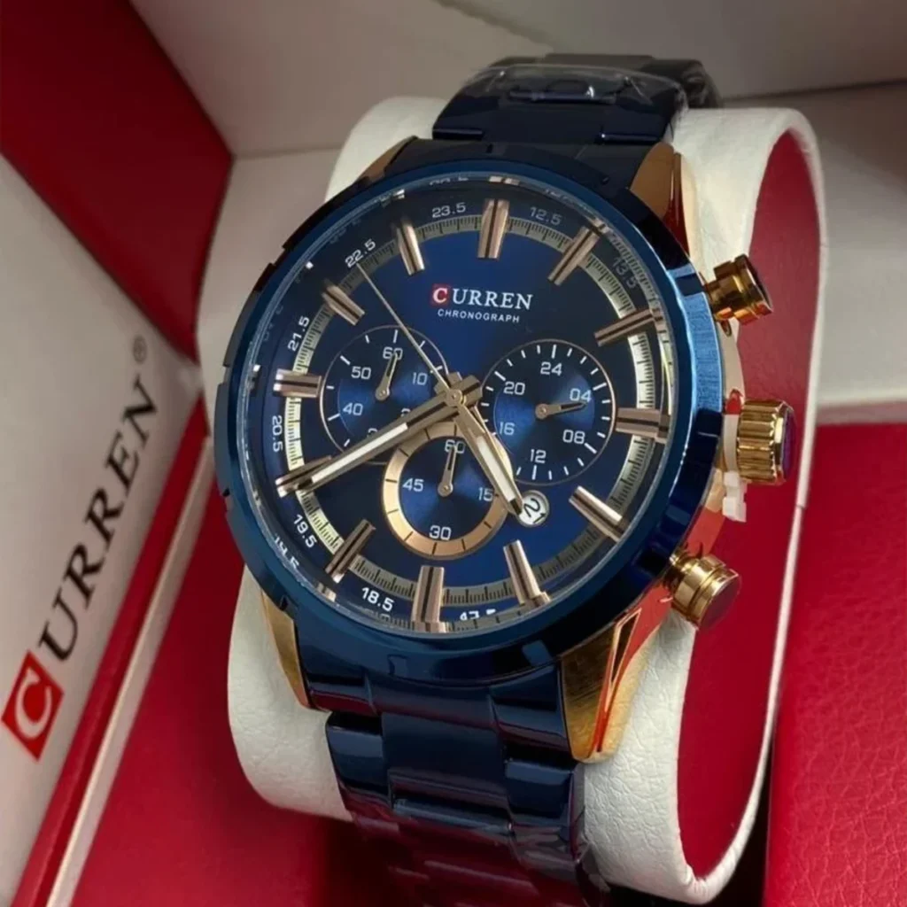 Montre Homme CURREN 83055 Chronographe – Bleu et Doré, Bracelet Acier Bleu