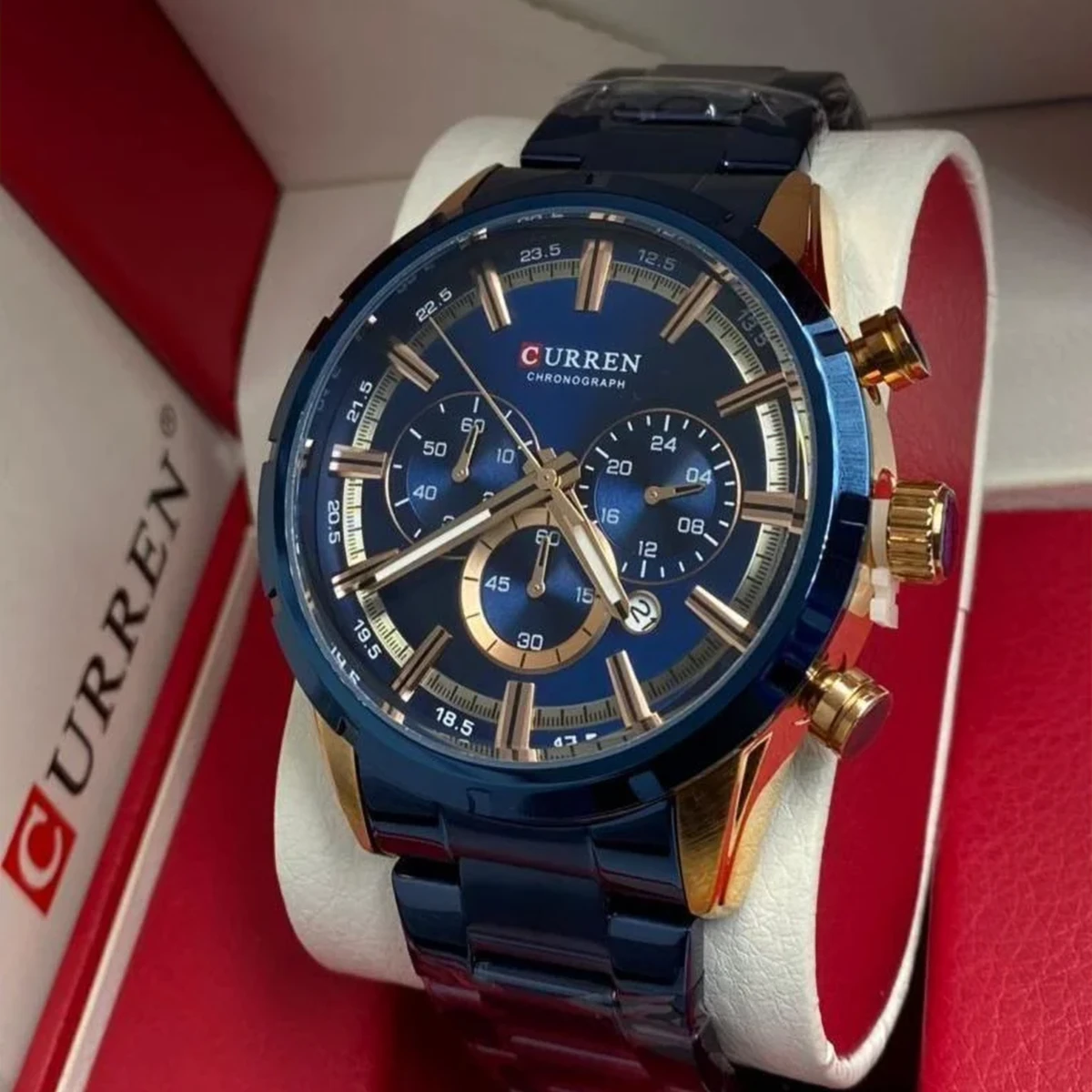 rewak-hd-7184 Montre Homme CURREN 83055 Chronographe – Bleu et Doré, Bracelet Acier Bleu