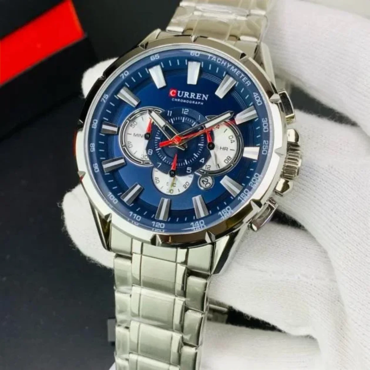 rewak-hd-7198 Montre Homme CURREN 83063 Chronographe – Cadran Bleu, Bracelet Acier Argenté