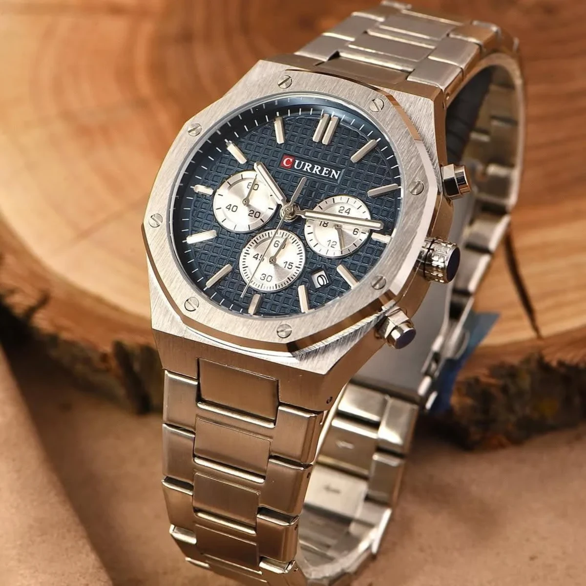 rewak-hd-7224 Montre Homme CURREN 8440 Chronographe – Boîtier Octogonal Argenté, Cadran Bleu